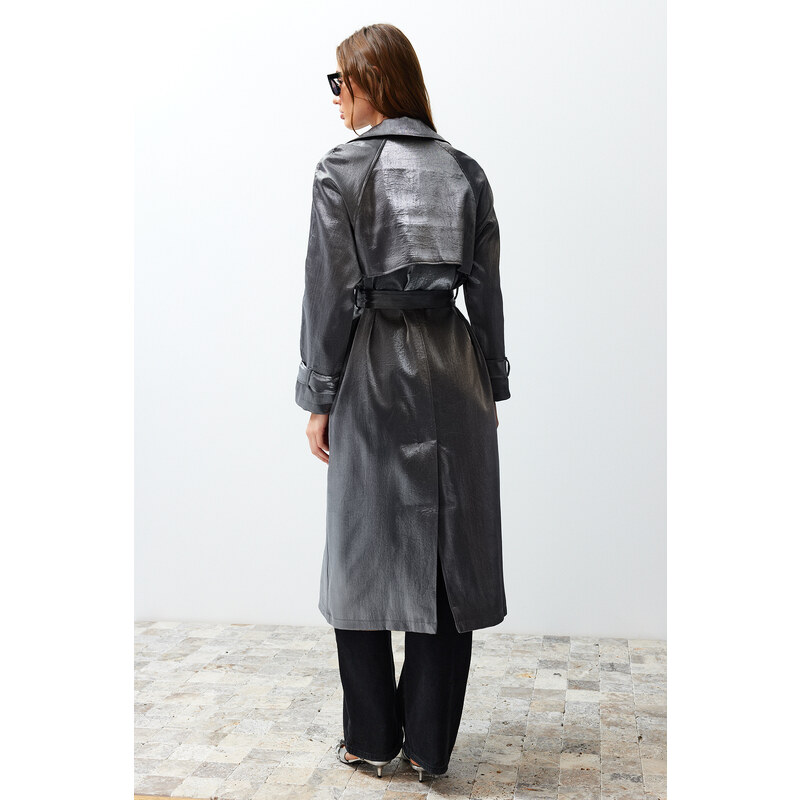 Trendyol Anthracite Oversize Wide Cut Belted Trench Coat