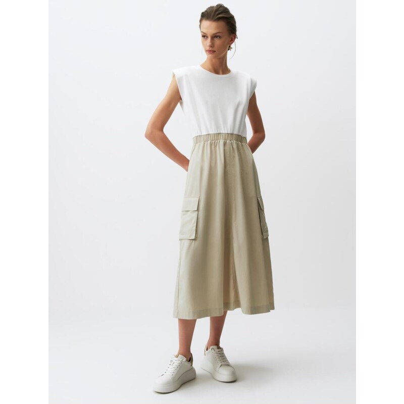 Jimmy Key Beige Sleeveless Waistband Midi Dress