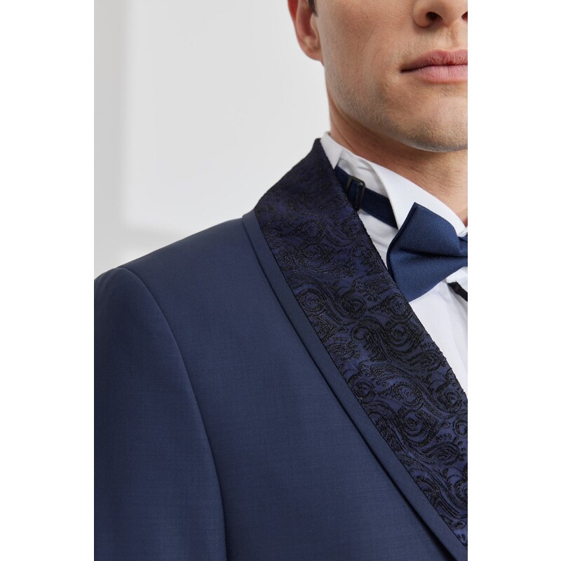 ALTINYILDIZ CLASSICS Men's Navy Blue Slim Fit Slim Fit Camouflage Shawl Collar Woolen Tuxedo Suit