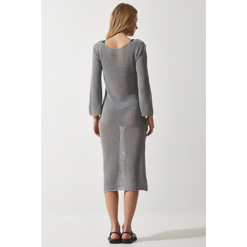 Happiness İstanbul Women's Gray Openwork Transparent Long Knitwear Dress