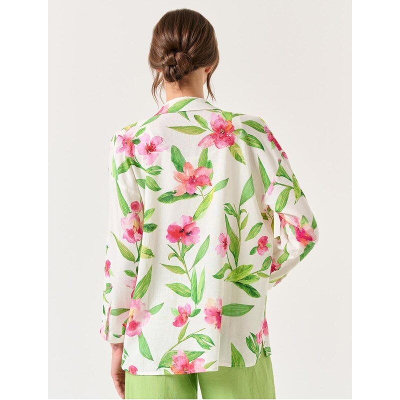 Jimmy Key Ecru Long Sleeve Floral Linen Shirt
