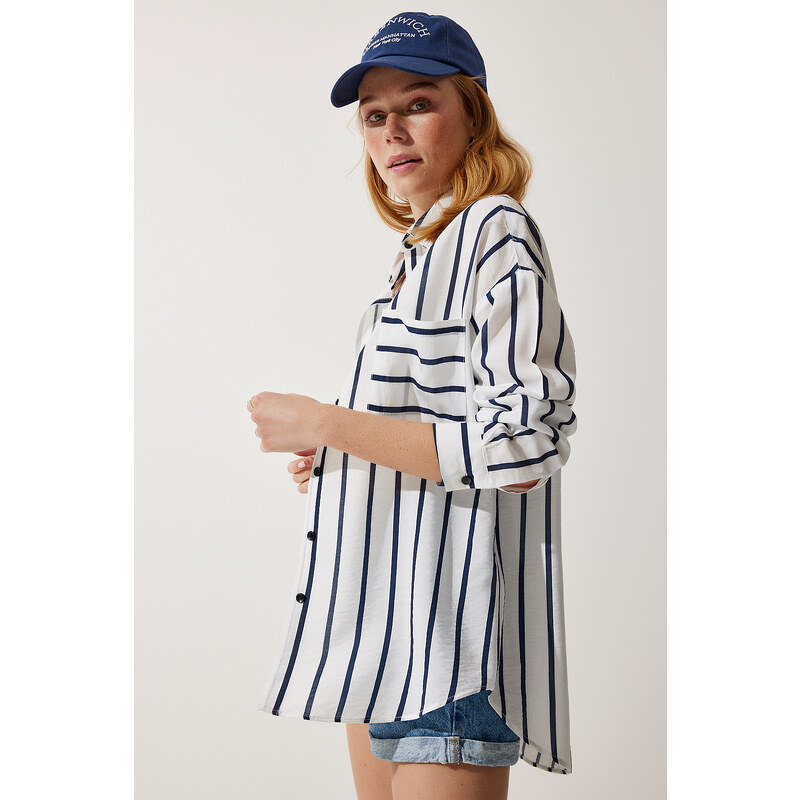 Happiness İstanbul Women's White Navy Blue Striped Oversize Poplin Shirt