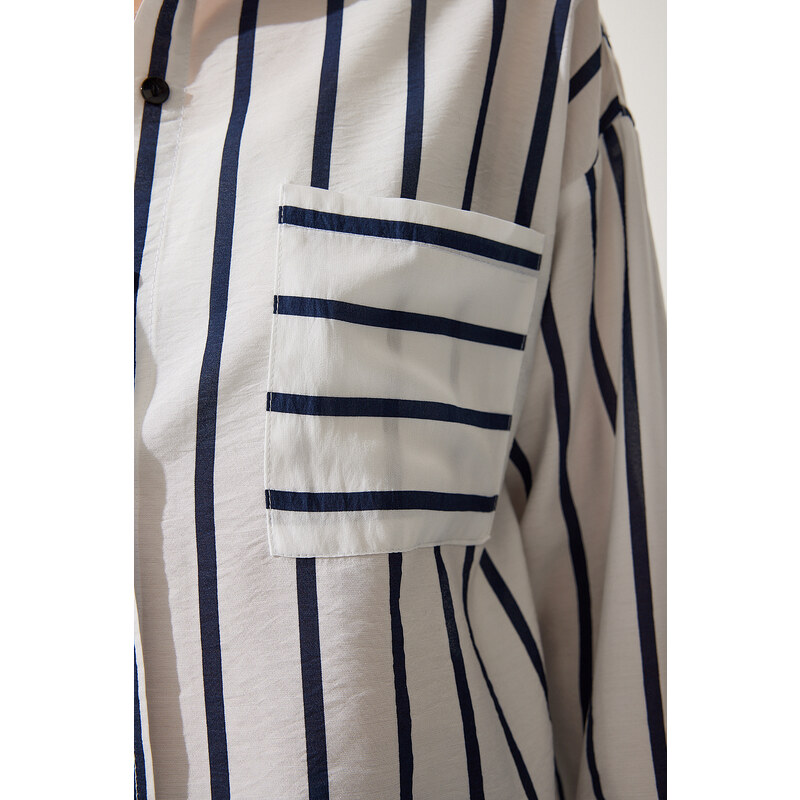 Happiness İstanbul Women's White Navy Blue Striped Oversize Poplin Shirt