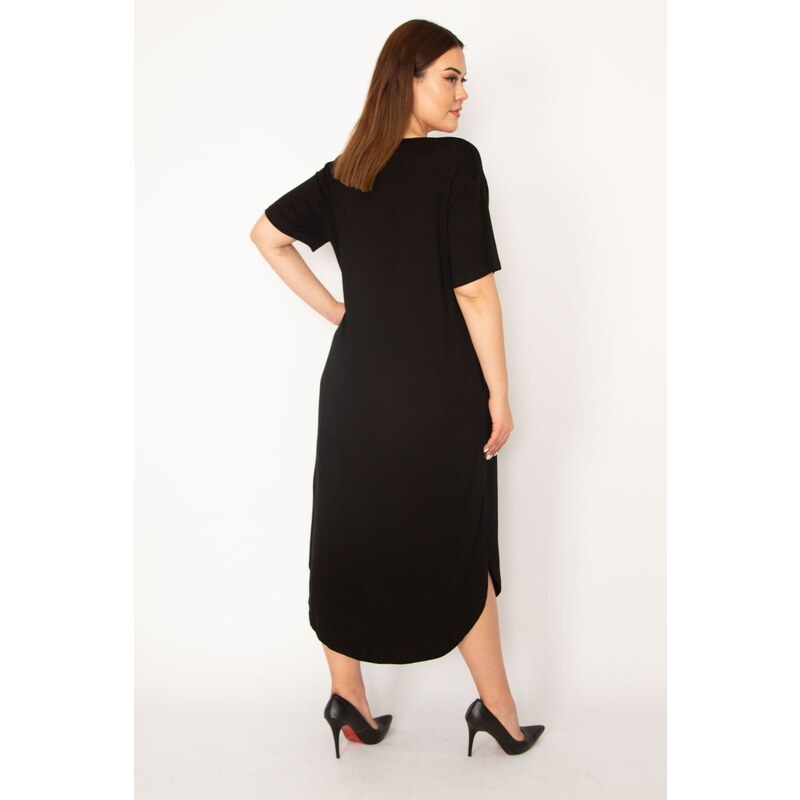 Şans Women's Plus Size Black Digital Print And Appliqué Dress