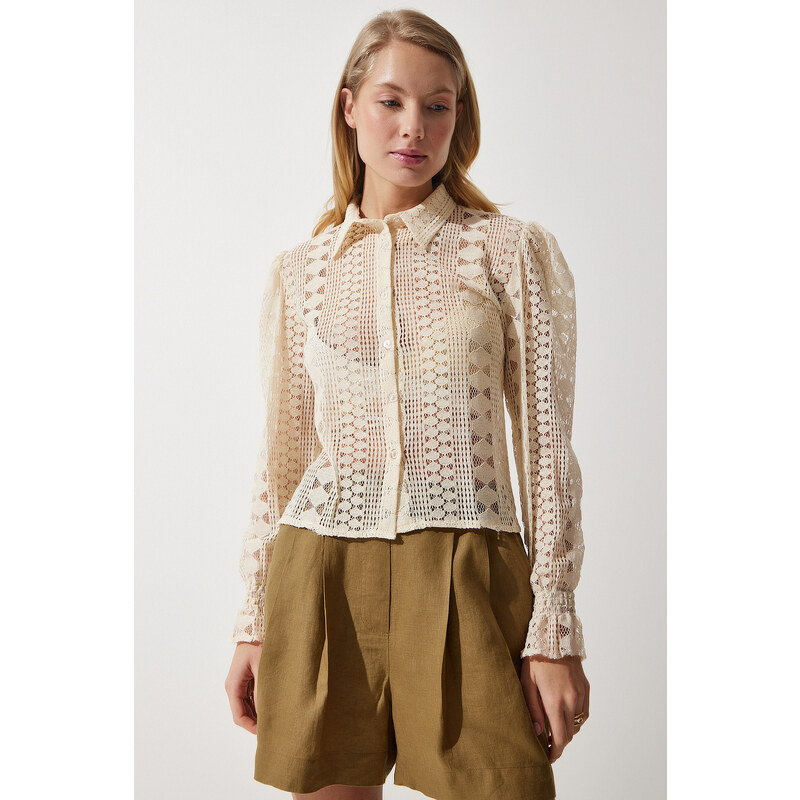 Happiness İstanbul Women's Beige Lace Transparent Shirt
