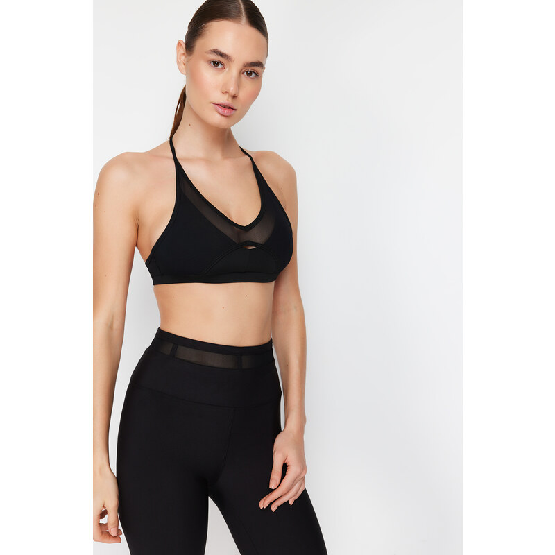 Trendyol Black Support/Shaping Tulle Detail Barter Neck Knitted Sports Bra