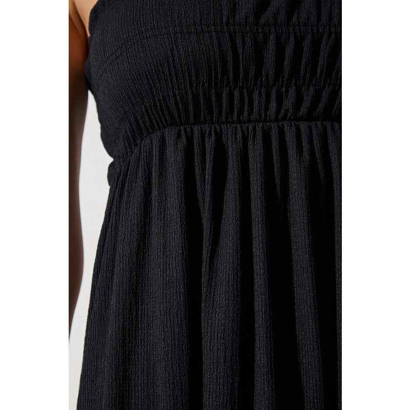 Happiness İstanbul Women's Black Strappy Crinkle Summer Knitted Dress