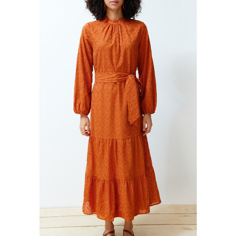 Trendyol Cinnamon Stand Collar Embroidery Lace Lined Woven Dress