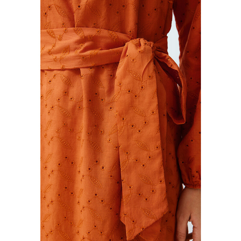 Trendyol Cinnamon Stand Collar Embroidery Lace Lined Woven Dress