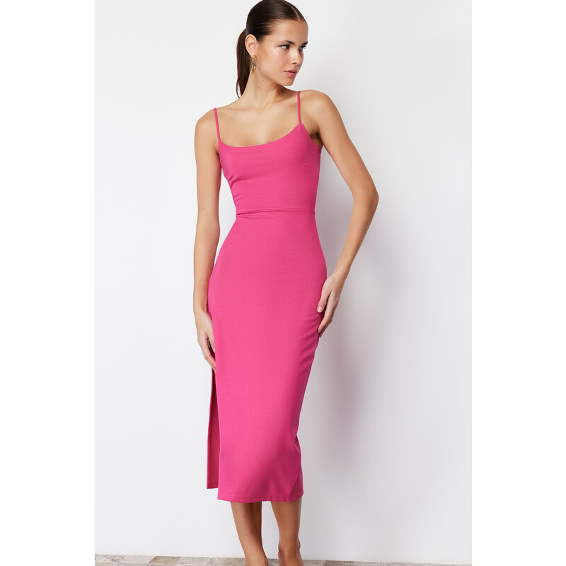 Trendyol Fuchsia Cut Out Detailed Fitted Midi Knitted Midi Dress with Slit