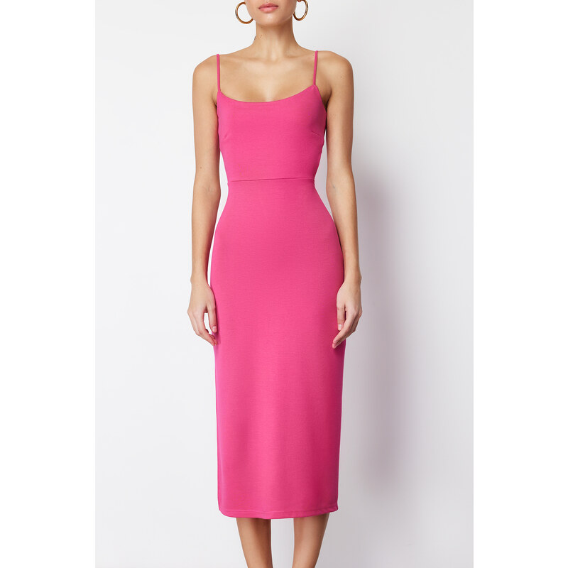 Trendyol Fuchsia Cut Out Detailed Fitted Midi Knitted Midi Dress with Slit