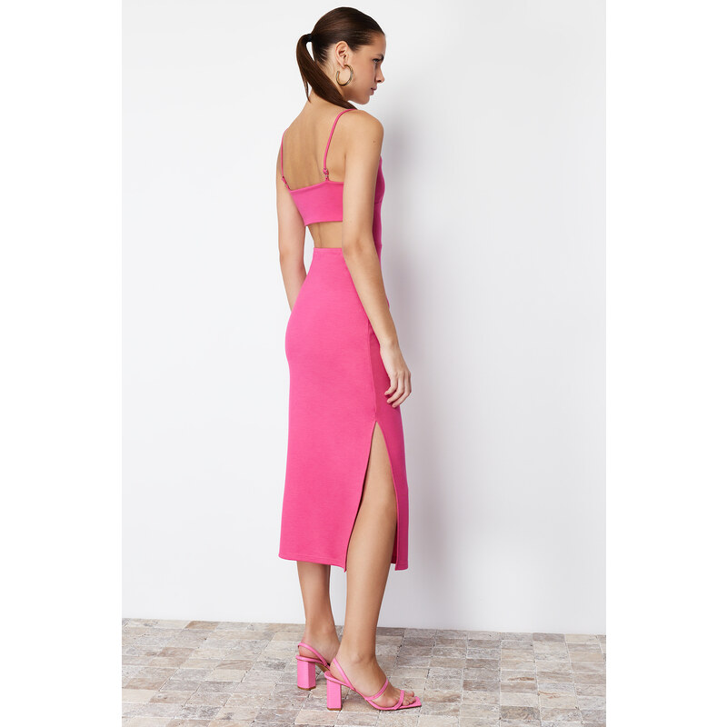 Trendyol Fuchsia Cut Out Detailed Fitted Midi Knitted Midi Dress with Slit