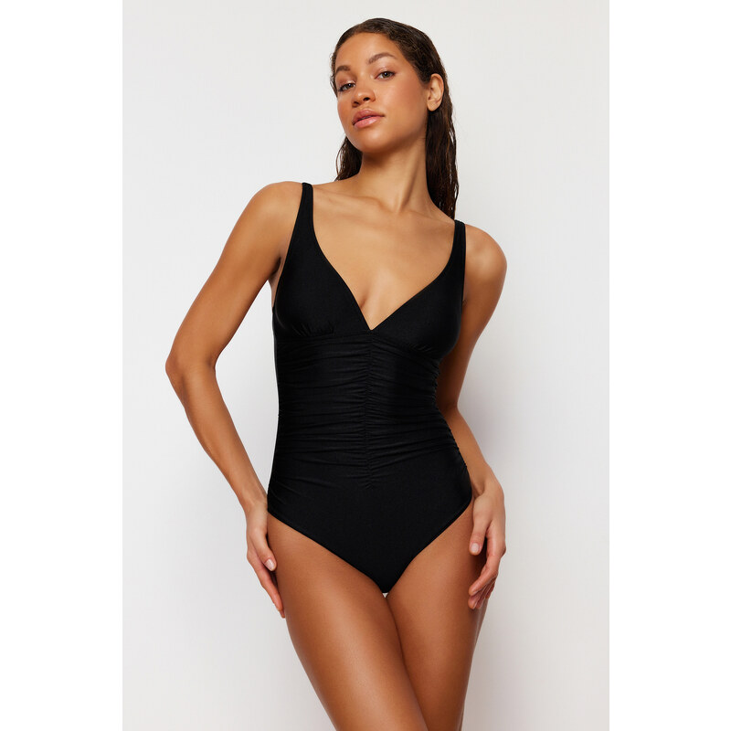 Trendyol Black V Neck Draped Regular Swimsuit