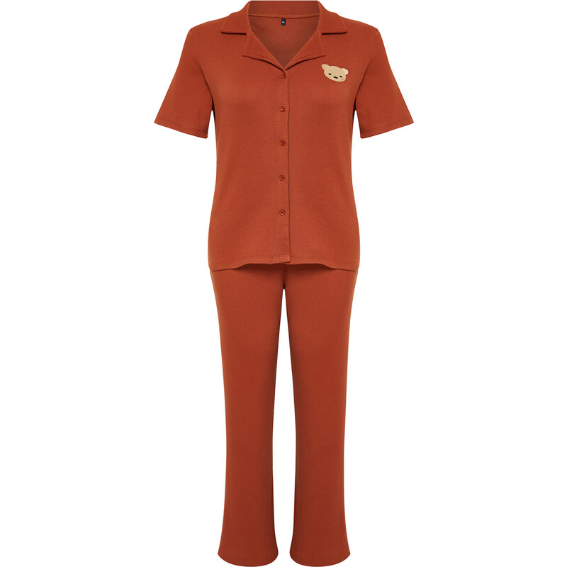 Trendyol Curve Cinnamon Embroidered Shirt Collar Knitted Pajamas Set