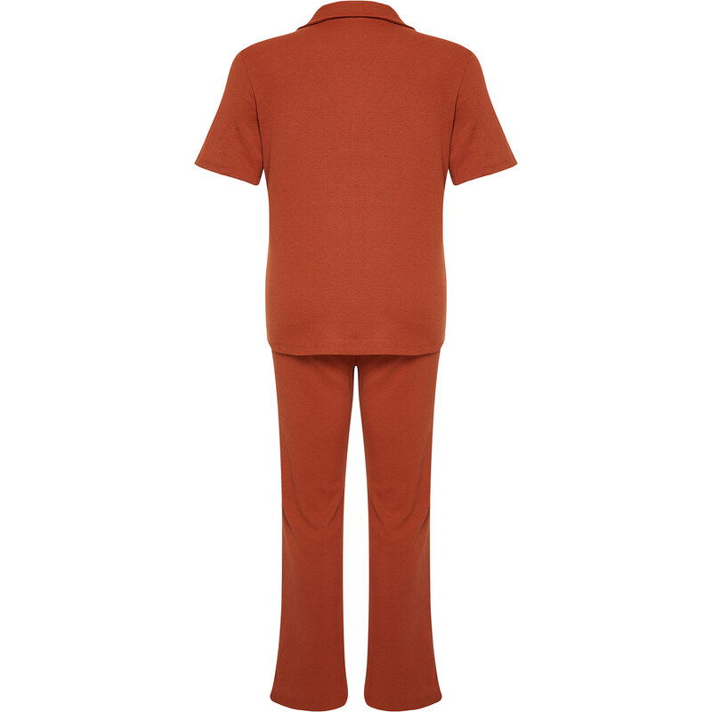 Trendyol Curve Cinnamon Embroidered Shirt Collar Knitted Pajamas Set