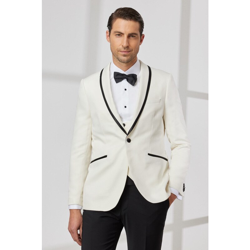 ALTINYILDIZ CLASSICS Men's White Slim Fit Slim Fit Shawl Collar Dobby Vest Tuxedo Suit