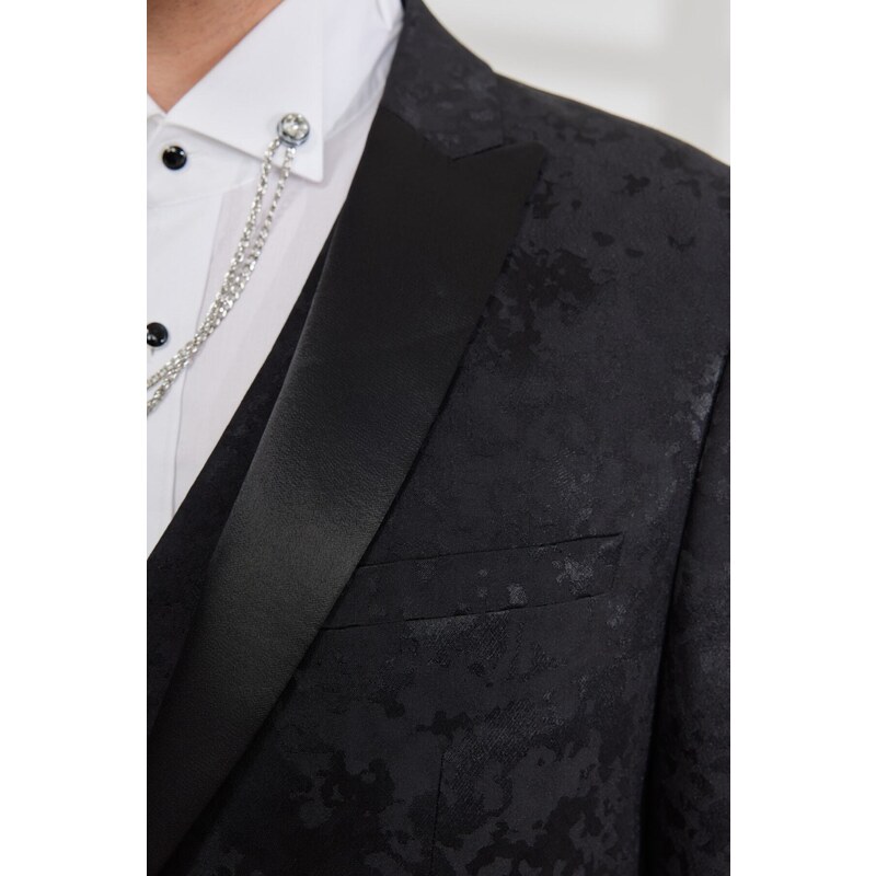 ALTINYILDIZ CLASSICS Men's Black Slim Fit Slim Fit Dovetail Neck Vest Tuxedo Suit