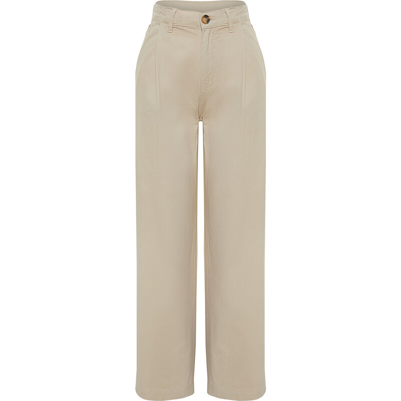 Trendyol Beige Pleated High Waist Seasonal Wide Leg Jeans