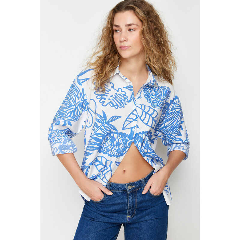 Trendyol Blue Lilies Fabric Patterned Oversize/Wide Fit Woven Shirt