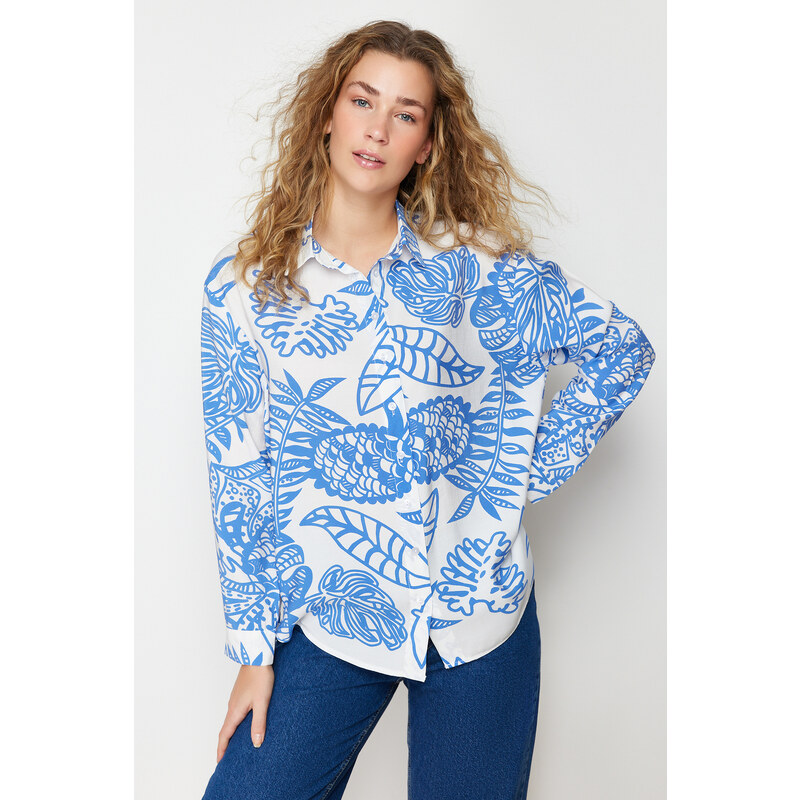 Trendyol Blue Lilies Fabric Patterned Oversize/Wide Fit Woven Shirt