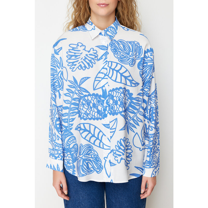 Trendyol Blue Lilies Fabric Patterned Oversize/Wide Fit Woven Shirt