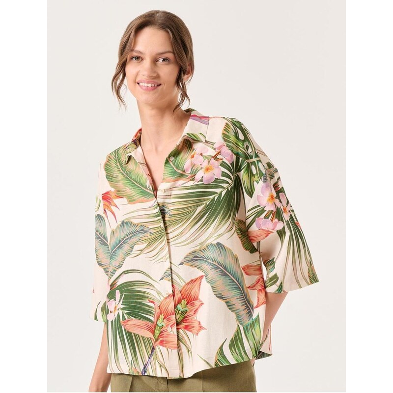 Jimmy Key Ecru Short Sleeve Tropical Patterned Linen Shirt.