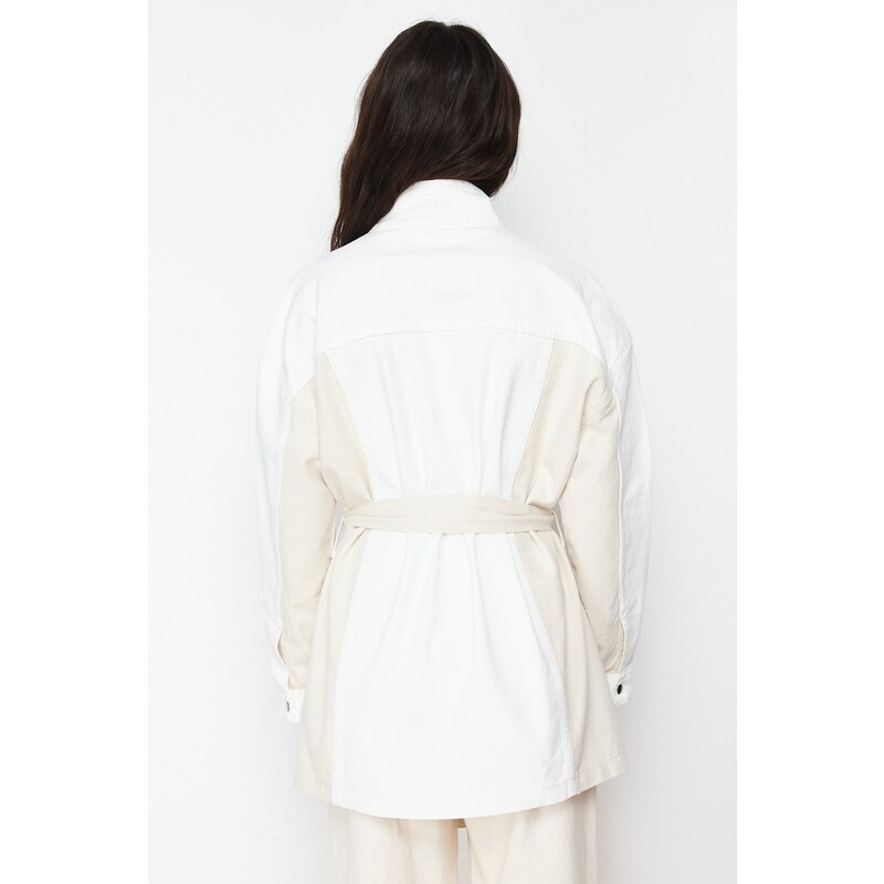 Trendyol White Color Block Belted Oversize Denim Jacket