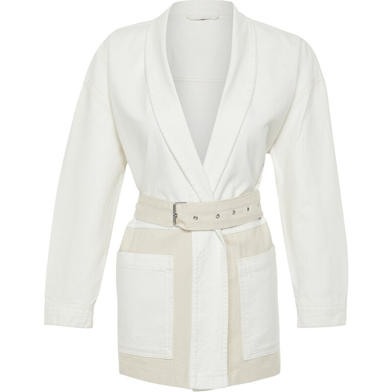 Trendyol White Color Block Belted Oversize Denim Jacket