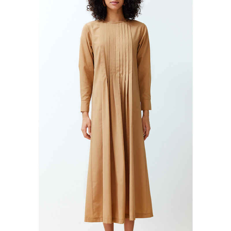 Trendyol Beige Pleated Detailed Comfort Woven Dress