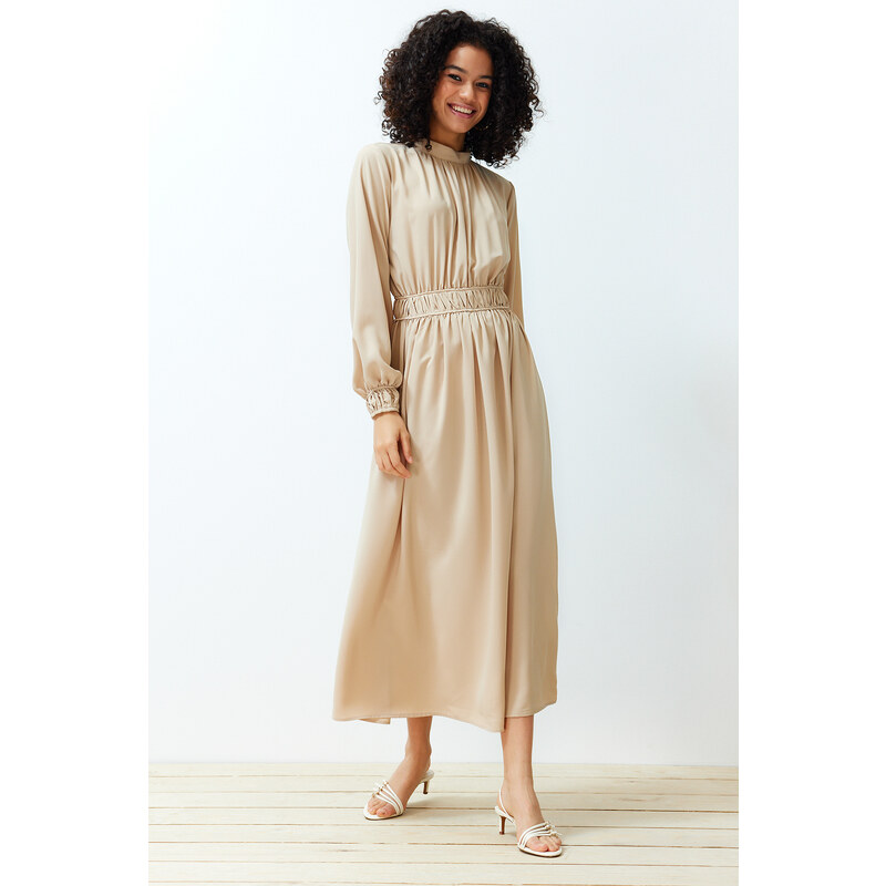 Trendyol Beige Stand Collar Waist and Sleeve Gather Detailed Woven Dress