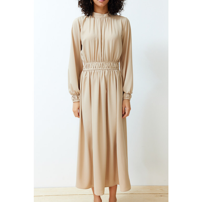 Trendyol Beige Stand Collar Waist and Sleeve Gather Detailed Woven Dress