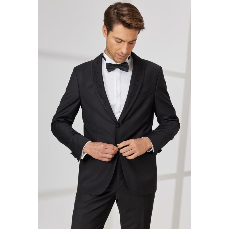 ALTINYILDIZ CLASSICS Men's Black Slim Fit Slim Fit Camouflage Shawl Collar Woolen Tuxedo Suit