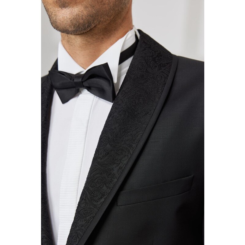 ALTINYILDIZ CLASSICS Men's Black Slim Fit Slim Fit Camouflage Shawl Collar Woolen Tuxedo Suit