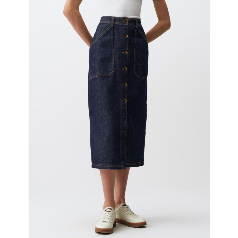 Jimmy Key Dark Indigo Blue Normal Waist Pocket Denim Maxi Skirt