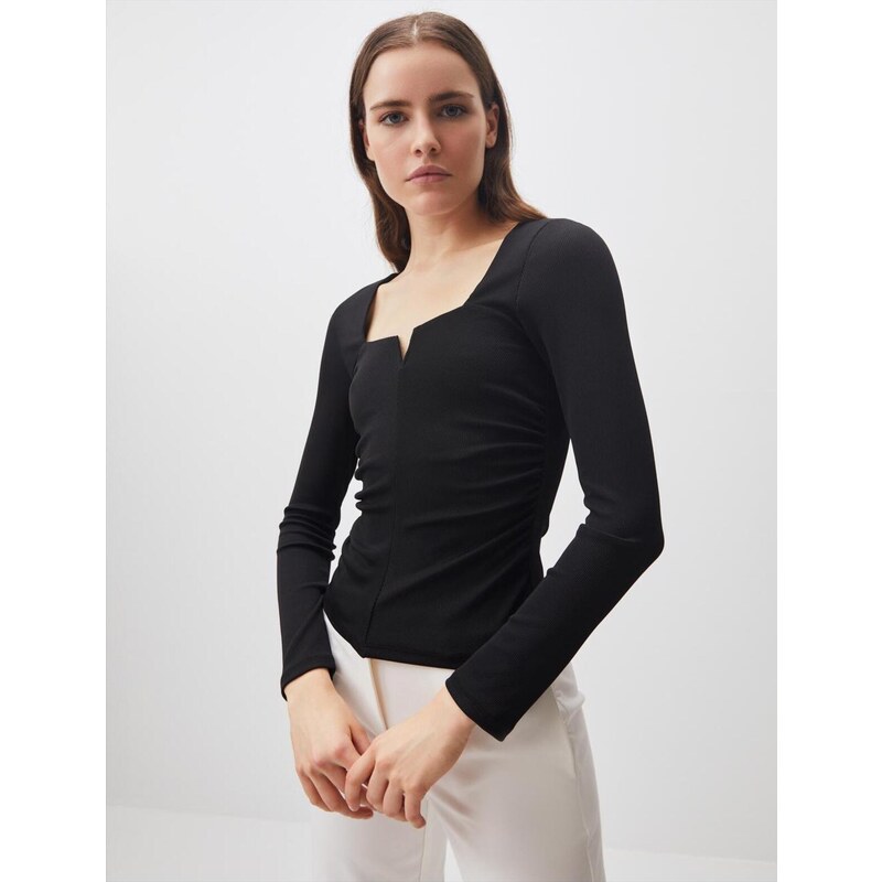 Jimmy Key Black Square Neck Long Sleeve Blouse