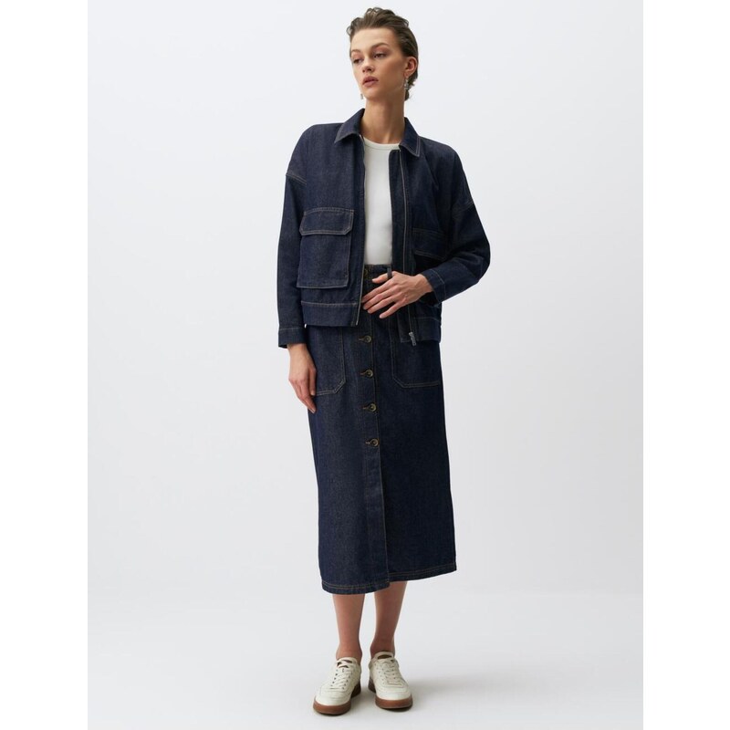 Jimmy Key Dark Indigo Blue Normal Waist Pocket Denim Maxi Skirt