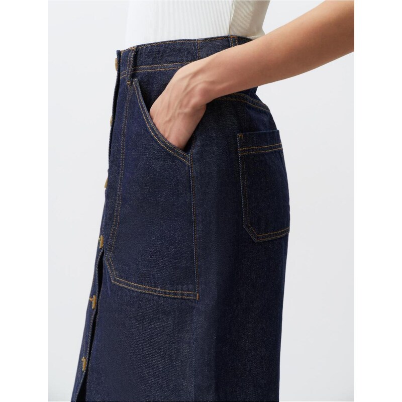 Jimmy Key Dark Indigo Blue Normal Waist Pocket Denim Maxi Skirt