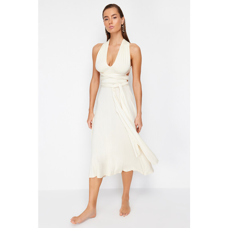 Trendyol Bridal Ecru Belted Maxi Knitted Tie Beach Dress