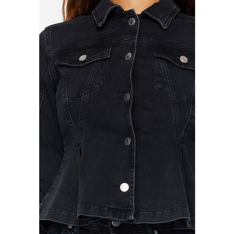 Trendyol Black Flounce Fitted Denim Jacket