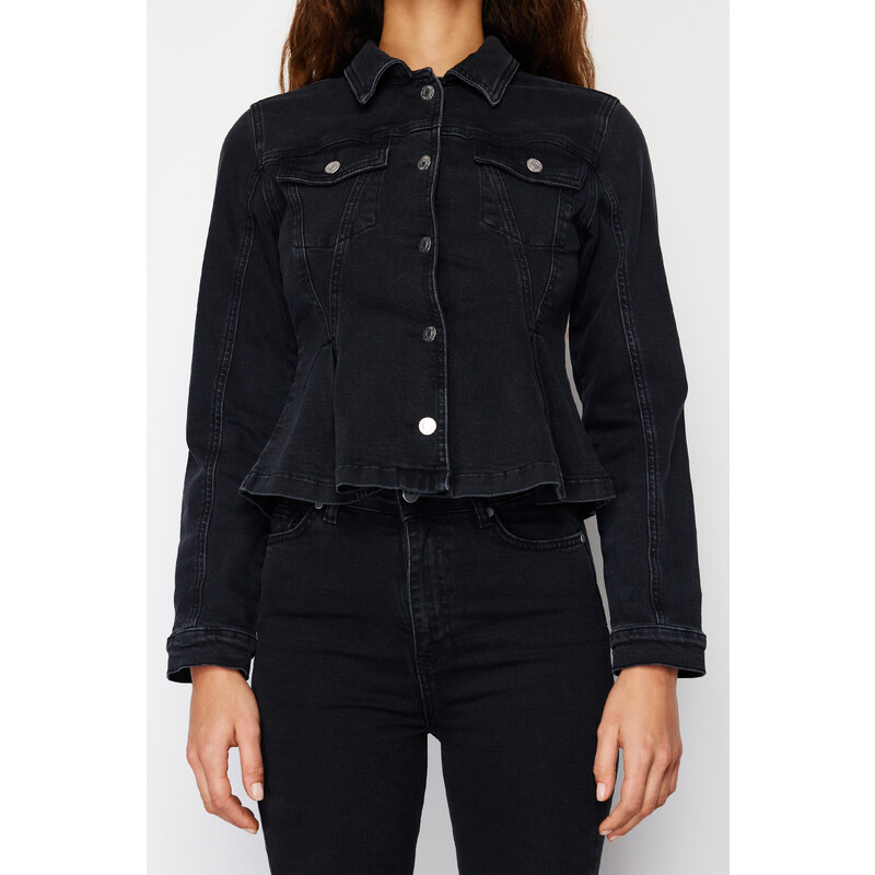 Trendyol Black Flounce Fitted Denim Jacket