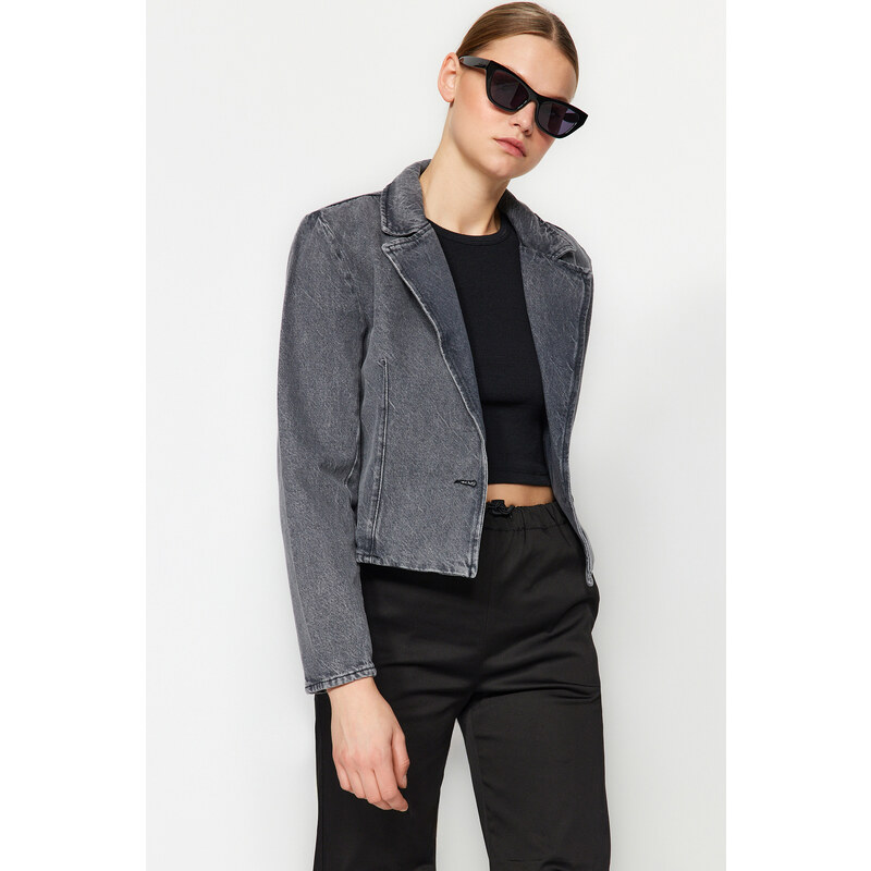 Trendyol Gray Waistband Crop Blazer Denim Jacket