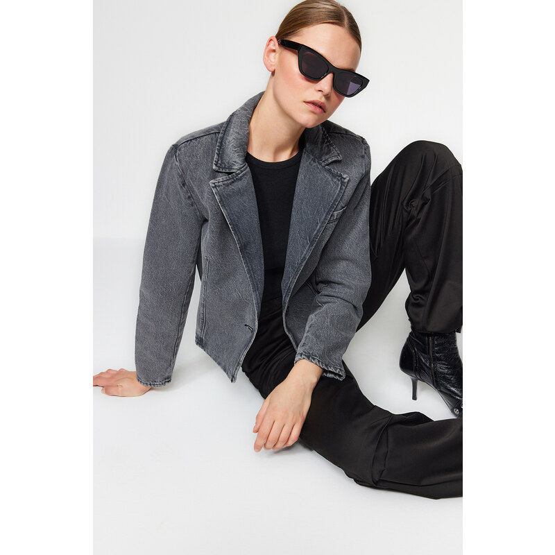 Trendyol Gray Waistband Crop Blazer Denim Jacket