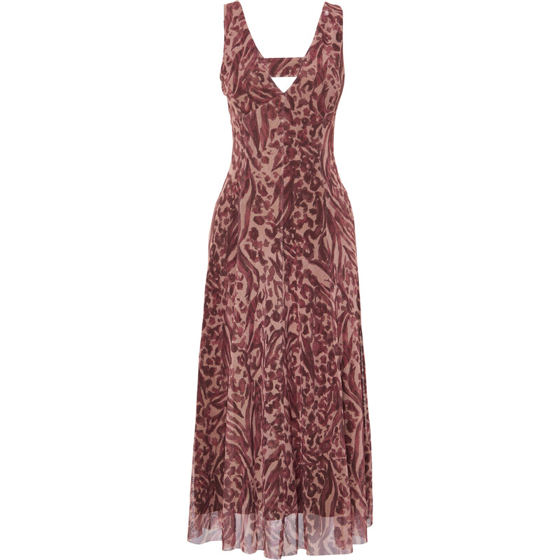 Trendyol Brown Leopard Printed V Neck Tulle Knitted Maxi Dress