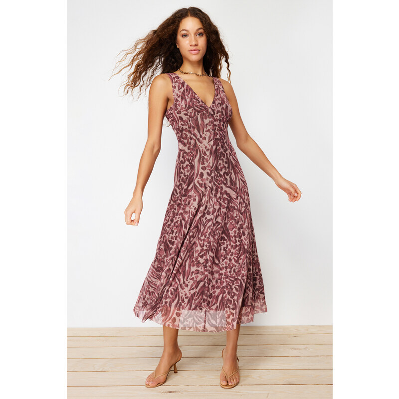 Trendyol Brown Leopard Printed V Neck Tulle Knitted Maxi Dress
