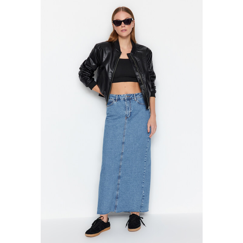 Trendyol Blue High Waist Maxi Denim Skirt with Cutaway Legs