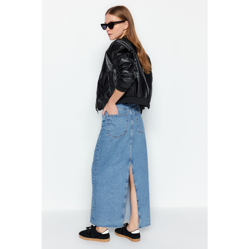 Trendyol Blue High Waist Maxi Denim Skirt with Cutaway Legs