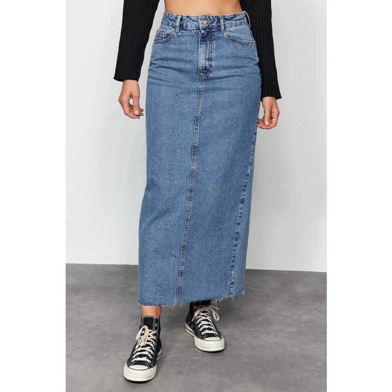 Trendyol Blue High Waist Maxi Denim Skirt with Cutaway Legs