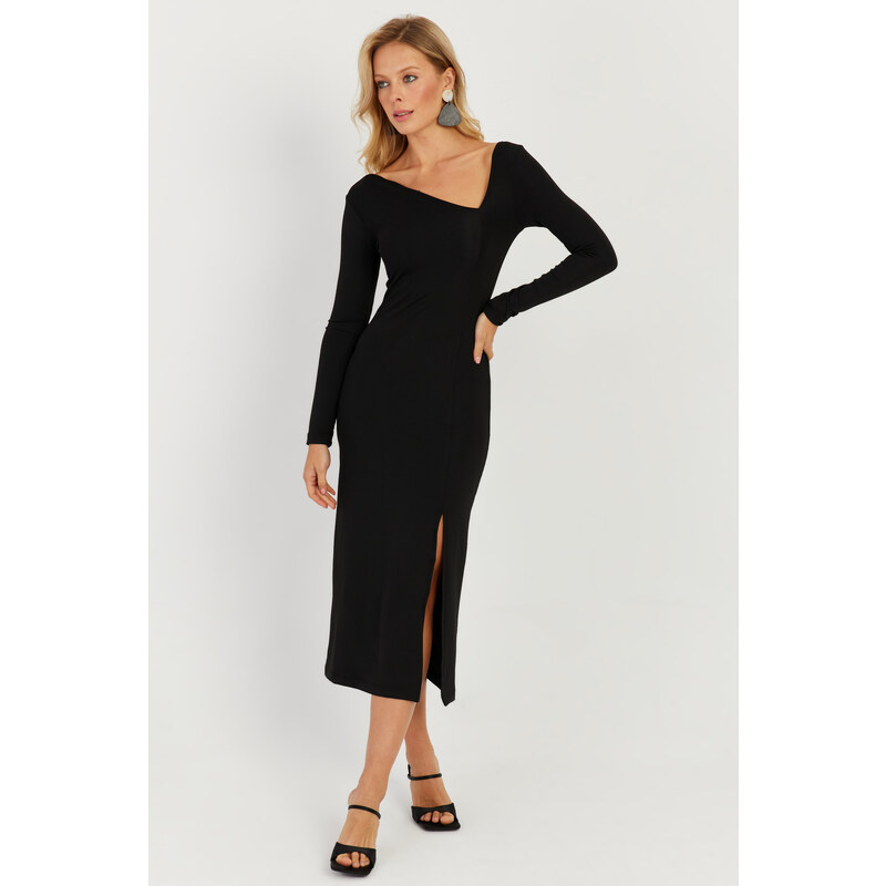 Cool & Sexy Women's Black Asymmetric Collar Slit Midi Dress