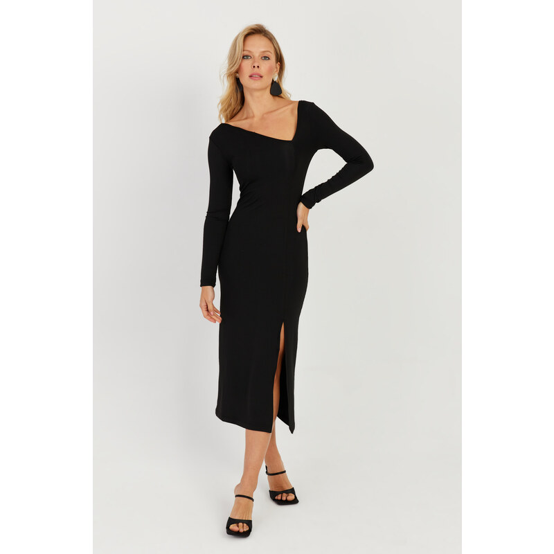 Cool & Sexy Women's Black Asymmetric Collar Slit Midi Dress