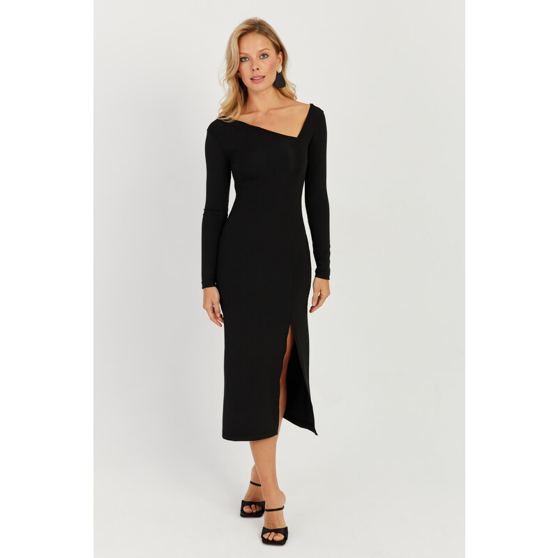 Cool & Sexy Women's Black Asymmetric Collar Slit Midi Dress